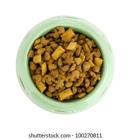 Cat Food In A Bowl. View From Above. Isolated On White Background