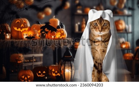 A cat in a ghost costume against the background of a room decorated for Halloween. Holiday card or invitation.