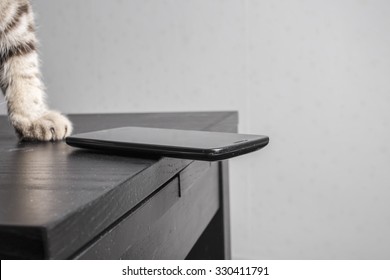 Cat Is Going Throw A Cell Phone On The Floor Dangerously Resting On The Edge Of The Table, Carelessly Left 