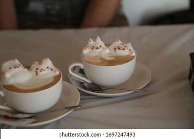 Cat Latte Art In Japanese Caffe