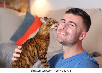 Cat Licking Owners Face At Home 