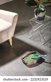 Cat litter box with green litter placed on the floor of the interior. - Shutterstock ID 2232923529