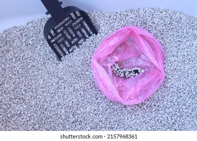 Cat litter box with scoop and black poop inside a pink bag. Cleaning cat sand box full of bentonite clay. 