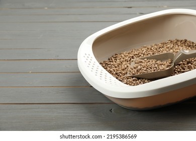 Cat Litter Tray With Filler And Scoop On Grey Wooden Floor, Closeup. Space For Text