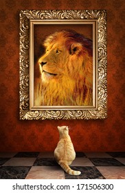 Cat looking at a portrait of a lion in a golden frame.  