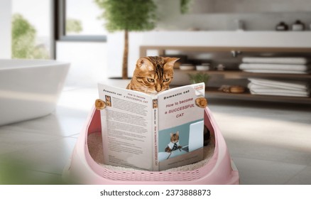 The cat is reading a book while sitting on the cat litter. Training a cat to use the litter box.