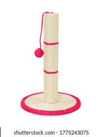 Cat Scratching Post With Toy Isolated On White Background