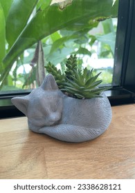 cat sculpture plant pot and there is a small tree planted inside the pot