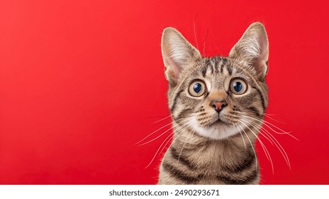 cat with shock surprised expression eyes on isolated red background with copy space - Powered by Shutterstock