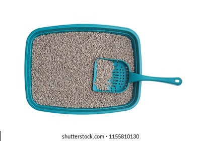 Cat toilet with scoop on white background, top view. Pet care - Shutterstock ID 1155810130