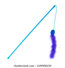 Cat Toy With A Blue Feather Ball Isolated On White Background.