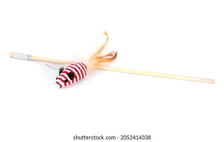 Cat Toy String With Stick And Feather Tail  Isolated On White Background. Cat Toy With Rat Or Mouse Doll Animal Shape With Wood Stick Isolated