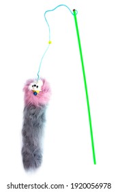 Cat Toy String With Stick And Rat Fur Isolated On White Background. Cat Toy With Rat Or Mouse Doll Animal Shape With Plastick Stick Isolated 