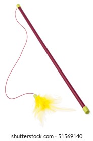 Cat Toy With A Yellow Feather Isolated On White.