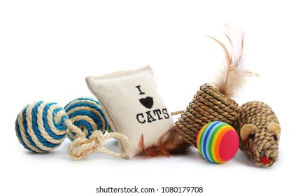 Cat Toys And Accessories On White Background. Pet Care