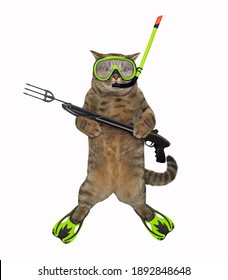 A cat underwater hunter in a mask, a snorkel and flippers holds a harpoon. White background. Isolated.