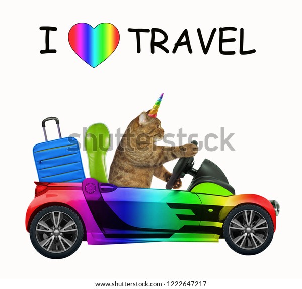 The cat unicorn in the rainbow car loves to\
travel. White background.