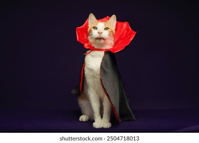 Cat in vampire costume for Halloween celebration. Purple background with copy space.