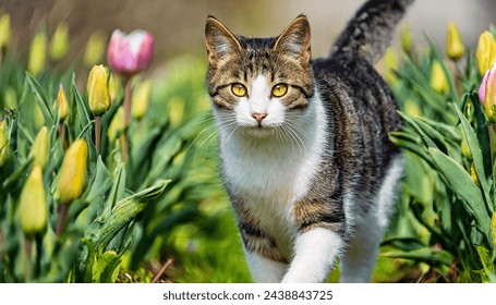 A cat walks through a spring garden. - Powered by Shutterstock