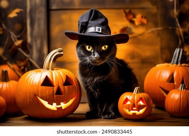 Cat with witch hat and pumpkin lanterns, Halloween background - Powered by Shutterstock