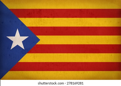 Catalan Independentist blue estelada flag with a peace symbol on fabric texture,retro vintage style