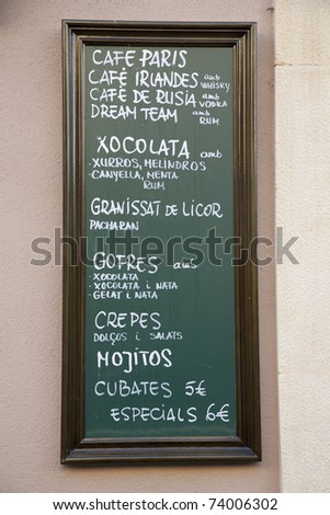 Catalan Language Drinks Menu in Barcelona, Catalonia, Spain