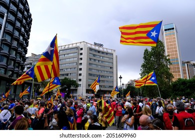 Catalan separatist supporters demonstrate on the fourth anniversary of the region's failed declaration of independence from Spain, in Barcelona, Spain on October 3, 2021.