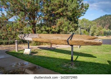 Cataldo, Idaho - August 19 2019: An Ancient Dug Out Canoe Used By The Coeur D'Alene Tribe Of Native Americans On Display In The Old Mission State Park In Cataldo, Idaho, USA.