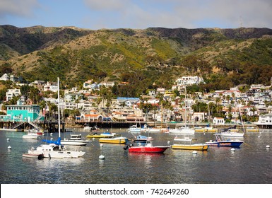 Catalina Island, California: March 14, 2012: An image of boats anchored at Avalon Harbor at Catalina Island.  