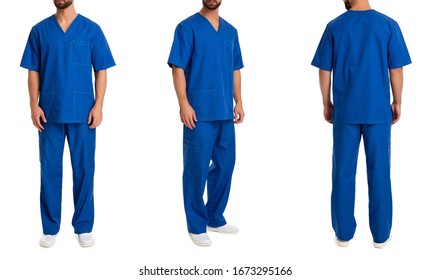 Catalog of medical clothes on a male model, male nurse, doctor, bright blue suit, front view three quarters and back, isolated on white background