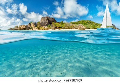 Catamaran boat with underwater view. Tropical sea with island, summer beach activities - Powered by Shutterstock - Get 15% off with code: PIKWIZARD15