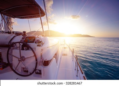 Catamaran close exterior at sunset