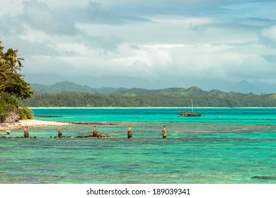 A Catamaran Moored In Waimanalo Bay On Oahu, Hawaii