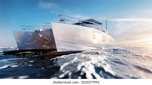 Catamaran motor yacht on the ocean at sunny day