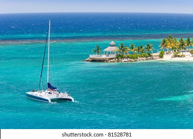 Catamaran Sails On Caribbean Sea, Ocho Rios, Jamaica