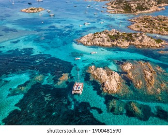 Catamaran in the waters of the Maddalena archipelago, Sardinia
