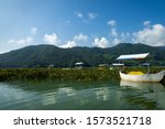 Catamarans with awnings are tied near a pier in the grass to the shores of Lake Feva, in Pokhara (Nepal). On the opposite shore Anadu Hill and Shanti Stupa (Peace Pagoda) on it.