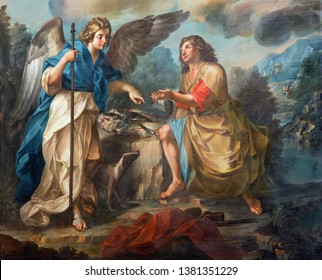CATANIA, ITALY - APRIL 7, 2018: The  detail of painting of Tobias and archangel Raphael in church Chiesa di San Benedetto by Matteo Desiderato (1780).