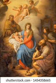 CATANIA, ITALY - APRIL 7, 2018: The painting of Nativity in church Chiesa di San Placido  by Stefano Tofanelli (1750 - 1812).