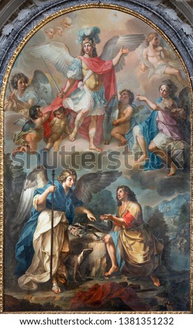 CATANIA, ITALY - APRIL 7, 2018: The painting of Tobias and archangel Raphael in church Chiesa di San Benedetto by Matteo Desiderato (1780).