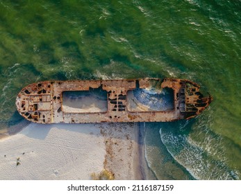 Catastrophe. Submerged barge. Aerial view.