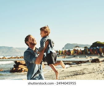 Catch, father or child at beach for playing, holiday or travel, support in Portugal with boy, toddler or family. Happy, dad or kid at sea for vacation with fun adventure, wellness or nature to relax - Powered by Shutterstock