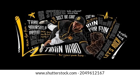 Catching ball. Close-up sportive man, professional baseball player in motion and action with glove isolated on dark background with lettering, graphics and motivating quotes. Collage
