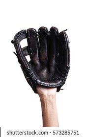 catching baseball with leather baseball glove over white background