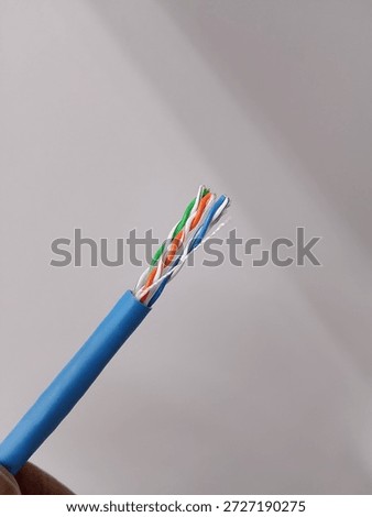 Category 5e6 ethernet cable interior. Close-up of Cat5e or Cat6 Ethernet cable showing four twisted pairs for high-speed data transmission.