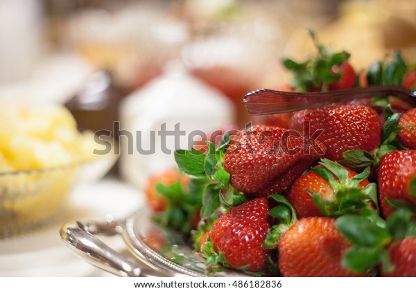 Catered Wedding Reception Strawberries Chocolate Punch Stock Photo