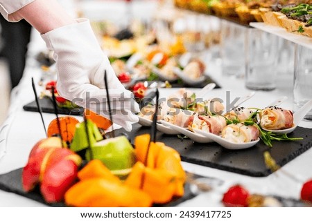caterer arranges array of appetizers on a serving table, showcasing a variety of fresh and delicious options. scene captures a professional catering event with an emphasis on presentation and variety.