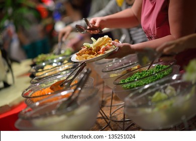 catering buffet food indoor in luxury restaurant with meat colorful fruits  and vegetables