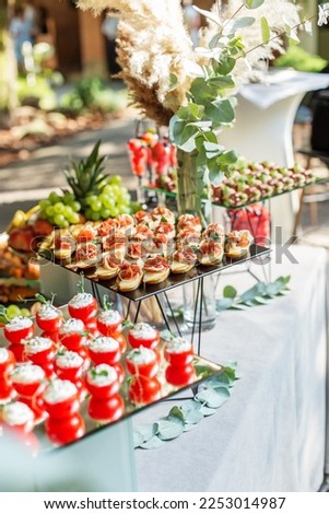 catering buffet table with different appetizers. Italian and french dishes.