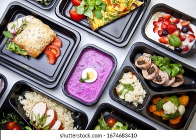 Catering Food With Healthy Balanced Diet Delicious Lunch Box Boxed Take Away Deliver Packed Ready  Meal In Black Container Dinner, Meal, Brakfast